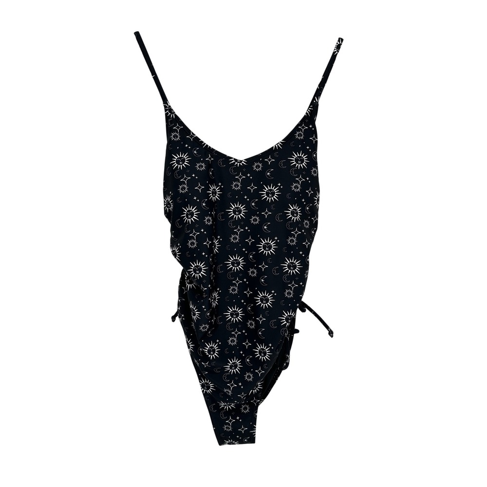 Cyn & Luca Celestial Sun Moon Star One Piece Swimsuit Black Ruched‎ Women Size L